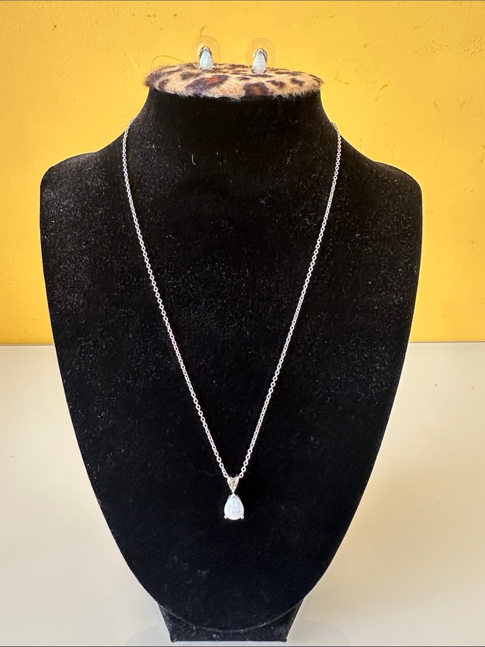 925 Sterling Silver Matching White Opal Pendant Necklace and Earrings Set